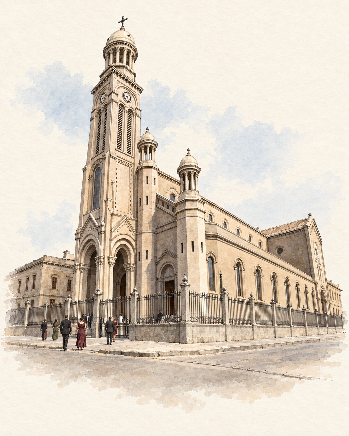 Acuarela de la torre y nave lateral de la Basílica María Auxiliadora de Breña