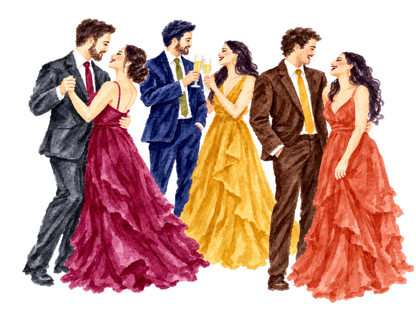 Tres parejas en acuarela bailando, brindando y conversando: ellas de largo, ellos de terno y corbata